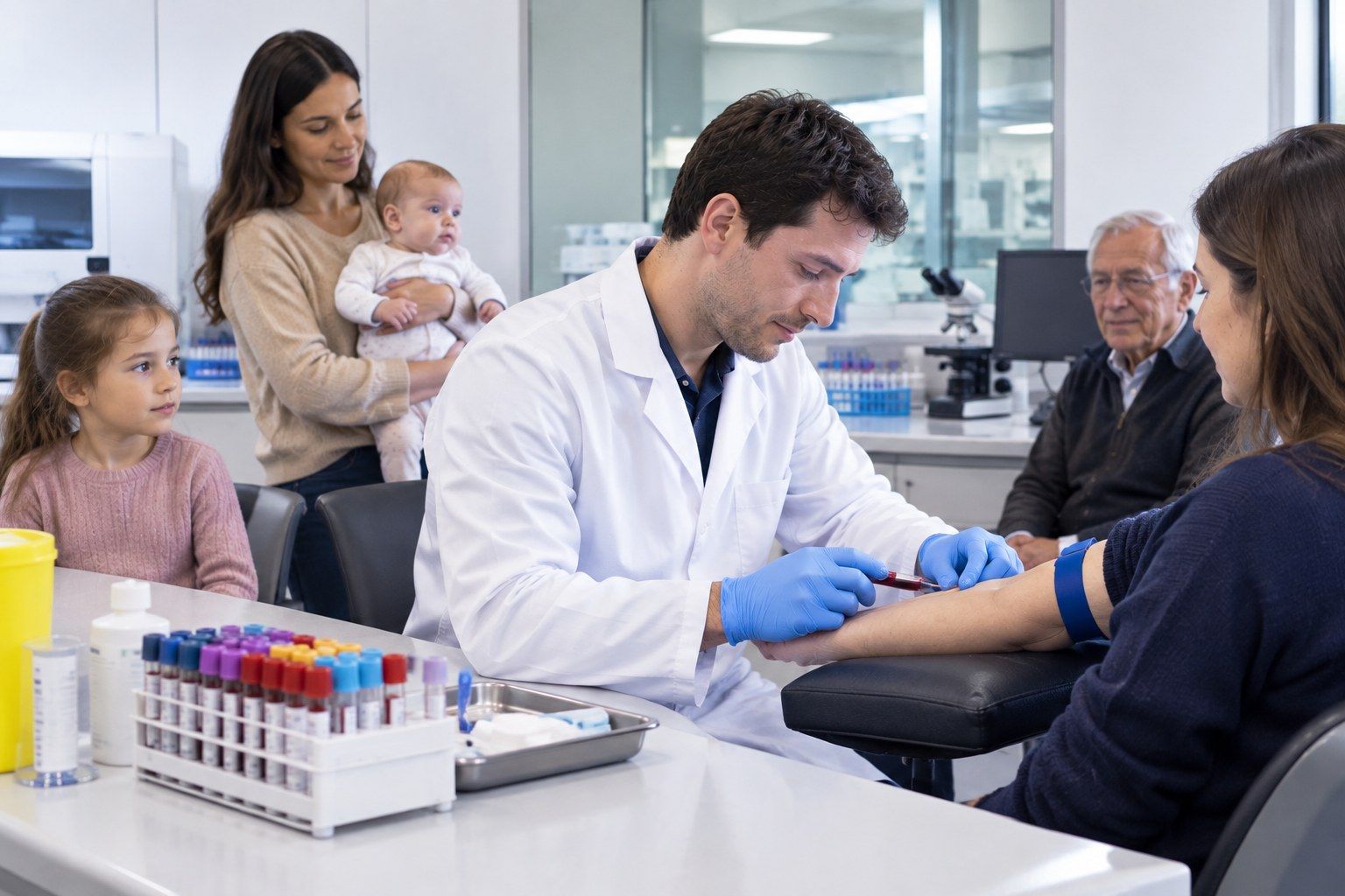 Bioquímico realizando una extracción de sangre en el brazo de una paciente, mientras una mamá con su bebé, una nena y un señor mayor esperan su turno